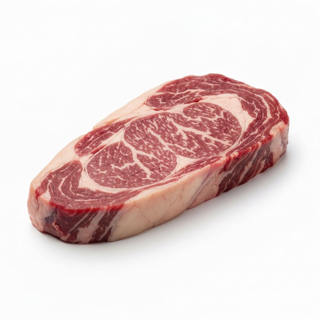 Antricot fără os de Black Angus pe fundal de lemn închis